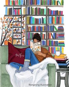 a drawing of a woman reading a book in front of a bookshelf full of books