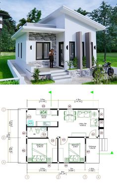 two story house plan with 2 bedroom and 1 bathroom in the front, an open floor plan