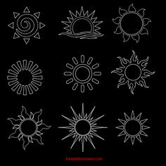 six different types of sun drawings on a black background, each with one line in the middle