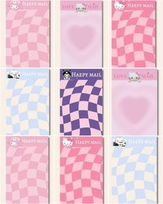 four different greeting cards with the words happy mail and hearts in pink, blue, and white