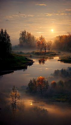 the sun is setting over a river with trees in the foreground and fog on the water