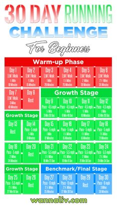 the 30 day running challenge for beginners is shown in red, green and blue