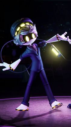 an animated character is performing on stage in front of a microphone and light up headphones