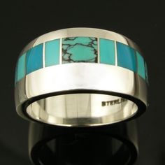 Sterling silver ring inlaid with turquoise and gem silica by Mark Hileman. Turquoise Wedding Ring, Turquoise Wedding Rings, Turquoise Wedding Band, Turquoise Ring Engagement, Australian Opal Jewelry, Silver Casting, Gem Silica, Inlay Jewelry, Handmade Gold Jewellery