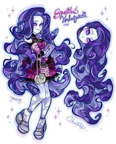 a drawing of a girl with long purple hair and an embellishment on her face