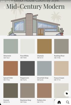 the exterior house colors by style mid - century modern, with different shades and sizes