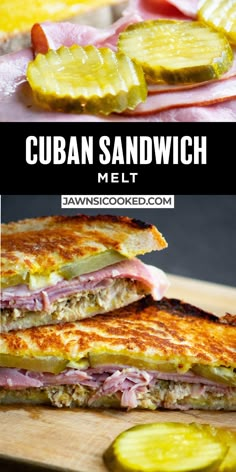 the cuban sandwich is cut in half and ready to be eaten with pickles on the side