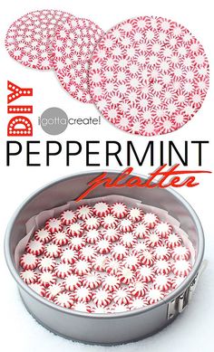 a cake pan filled with red and white peppermint patties