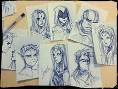 several sketches of the characters from batman and robin wayne are shown in various poses on paper