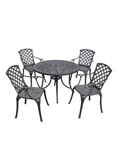 an outdoor table with four chairs and one chair on the side, all in black