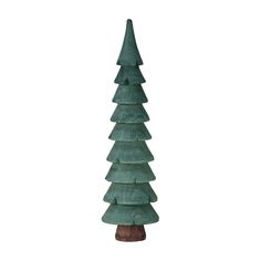 a tall green wooden christmas tree on a white background