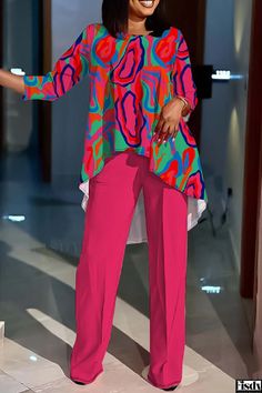 Fisdy - Asymmetrical O Neck Plus Size Two-Piece Ensemble with Casual Print Design Plus Size Two Piece, Latest African Fashion Dresses, African Fashion Dresses, Asymmetrical Dress, Two Piece Outfit, Wholesale Fashion, African Fashion, Two Pieces, Women's Style