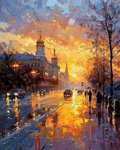 a painting of people walking down the street at sunset