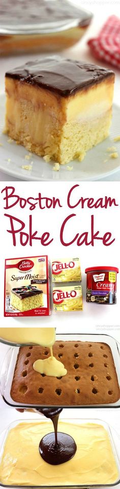 the boston cream poke cake is ready to be cut into pieces and put on plates