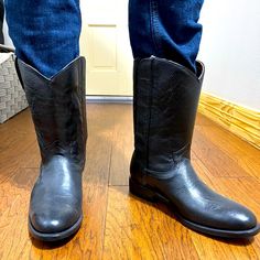 Purchased In Mexico. Has Zipper And Velcro Closure. Black Leather Cowboy Boots For Men. Unsure Of Exact Sizing, Not Listed On Boots But Suspect To Be About Size 10 In Men. Basically Brand New, Never Worn Outside The House. Fitted Black Rugged Boots, Casual Black Moto Boots With Snip Toe, Cowboy Boots For Men, Black Leather Cowboy Boots, Black Cowboy Boots, Black Cowboy, Mens Cowboy Boots, Boots For Men, Leather Cowboy Boots