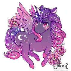 a drawing of a purple pony with wings and flowers on it's back legs