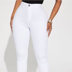 White Skinny Jeans From Fashion Nova Never Worn Chic High Waist Denim Jeggings, White Stretch Denim Bottoms, White Stretch Denim Pants, Trendy High-waisted Jeggings, White High Waist Slim Fit Pants, White Non-stretch Mid-rise Jeans, Non-stretch White Mid-rise Jeans, White Slim Fit High Waist Pants, High Rise Cotton Jeggings