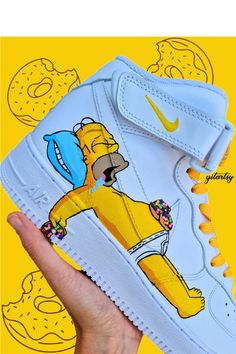 Homer Simpsons with donuts - hand painted Nike Air Force 1 sneakers Painted Nike Air Force, Paint Shoes, Hand Painted Denim Jacket, Painted Sneakers, Painted Denim Jacket, Homer Simpson