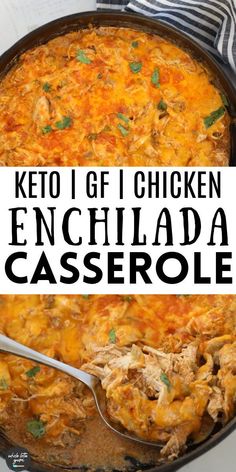 chicken enchilada casserole in a skillet with a spoon