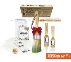 an assortment of shaving brushes and other items in a box with the words shop same day on it