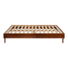 the bed frame is made from wood and has no headboard or foot board on it