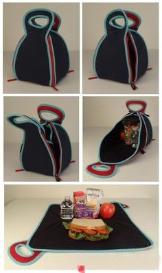 four pictures show different views of the inside of a sandwich bag, including tomatoes and cheese