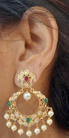 Temple Jewellery - 22K Gold Drop Earrings (Chand Bali) With Cz, Color Stones & Japanese Pearls. This piece is handcrafted in India and is Hallmarked. Visit Totaram.com to explore our exclusive traditional and contemporary south Indian designs today! Call us: 732-228-6300. We ship to all US locations. We offer secure, FREE and 100% insured delivery. #Totaramjewelers Chand Bali Earrings Gold, Japanese Pearls, Indian Wedding Jewelry Sets, Indian Wedding Jewelry