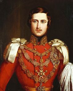 an oil painting of a man in red and gold uniform with his hands on his hips