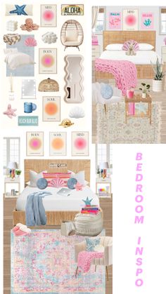 the bedroom is decorated in pink and blue