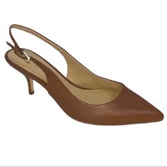 Michael Kors Size 8 Brown Sling Back Pointed Toe Heels 3” Heel Gold Buckle New No Box Brown High Heel Slingback Pumps With Wrapped Heel, Brown Ankle Strap Slingback Pumps For Office, Brown High Heel Slingback Pumps For Work, Brown Slingback Pumps With Padded Heel For Office, Brown Open Heel Slingback Pumps For Office, Brown Slingback Heels For Office, Slingback Pumps With 4-inch Heel For Office, 4-inch Heel Slingback Pumps For Office, Chic Brown Court Shoes With Heel Strap