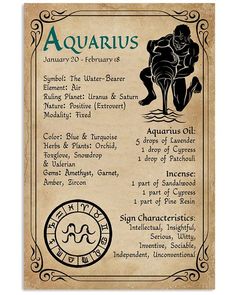 the zodiac sign for aquarius is displayed on an old parchment paper with black ink