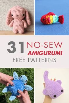 there are pictures of crocheted animals in different colors and sizes with text overlay that says 31 no sew amigurmi free patterns