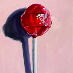 a painting of a red lollipop on a white stick with purple and pink background