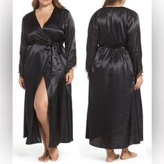 Lounge Luxuriously In This Black Imported Soft Robe With Scalloped Lace Sleeves And Tie. 100% Polyester. Pfsf Home. All Sales Photographed. Rack Black Satin Long Sleeve Sleepwear, Black V-neck Fitted Sleepwear, Fitted Black Long Sleeve Sleepwear, Black Fitted V-neck Sleepwear, Fitted Black Sleepwear For Date Night, Blue Green Dress, Red Kimono, Soft Robes, Floral Robes