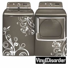 an image of a washer and dryer with floral designs on the front door