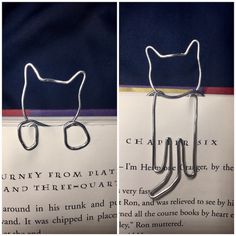 two pictures of the same cat's head on top of an open book page