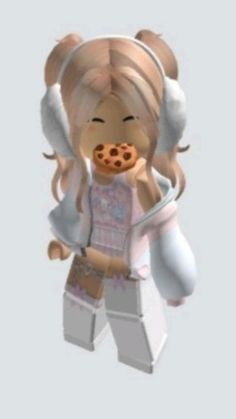 an animated girl eating a cookie while wearing headphones and holding a baguette in her hand