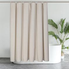 a bathroom with a shower curtain next to a potted plant