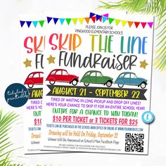 a flyer for a fundraiser event with colorful cars on the front and back, in bright colors