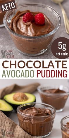 chocolate avocado pudding in a glass bowl with strawberries on top and the words, 5g net carbs