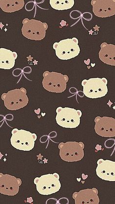 a brown and white teddy bear pattern on a black background with hearts, stars and bows