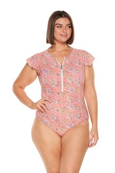 Seychelles Pink Plus Size Zip Up One Piece The Seychelles Frill Sleeve One Piece features a stylish flutter sleeve design that looks cute while offering sun protection. This plus size swimsuit features a secure zipper closure, and a ruched tummy panel for a customised fit. This best-selling style provides coverage, modesty, and support, with a fun but functional look. Enjoy confidence and comfort in the Seychelles pink floral one piece. Shelf Bra Zip Front Detail Multi-Cup Fit B-F Cup Side Panel Stretch Swimwear With Zipper Closure For Summer, Beachy Short Sleeve Swimwear For Swimming, Beachy Short Sleeve Swimwear, Pink Short Sleeve Swimwear For Pool, Summer Beach Swimwear With Zipper Closure, Short Sleeve Swimwear With Uv Protection For Pool, Upf 50+ Swimwear For Pool, Fitted Swimwear With Zipper Closure For Beach, Zipper Closure Swimwear For Beach