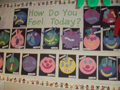 a bulletin board that has been decorated with pictures and words on it, including the words how do you feel today?