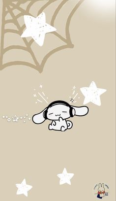 a cartoon dog with headphones laying on the ground next to stars and spider web