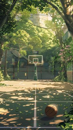 a basketball court surrounded by trees with a ball on the ground in front of it