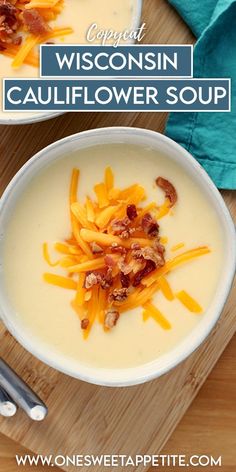 two bowls of soup with cheese and bacon on top