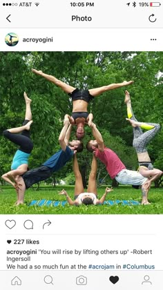 a group of people doing yoga poses in the grass with one person upside down on his head