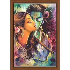 an oil painting on canvas of a couple kissing and holding a flute in their hands