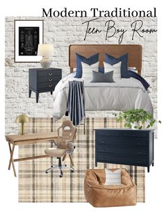 a bedroom with plaid walls and furniture in blue, brown and white colors on the wall