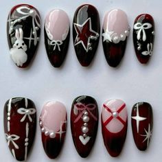 Yor Forger Inspired Nails, Vkei Nails, Concert Nails, Retro Nails, Goth Nails, Grunge Nails, Really Cute Nails, Bling Acrylic Nails